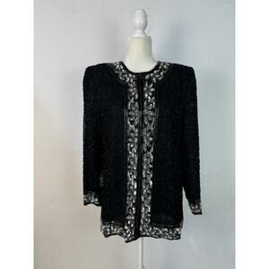 Night Vogue Women Sz M 100%Silk Black Beaded Silver Sequins Long Evening Top